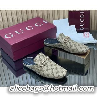 Good Quality Gucci Ragazzo Horsebit Flat Mules Beige GG Canvas 260503 Canvas Beige