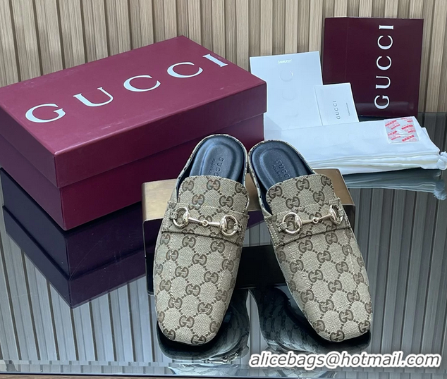 Good Quality Gucci Ragazzo Horsebit Flat Mules Beige GG Canvas 260503 Canvas Beige