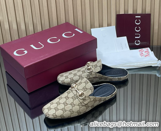 Good Quality Gucci Ragazzo Horsebit Flat Mules Beige GG Canvas 260503 Canvas Beige