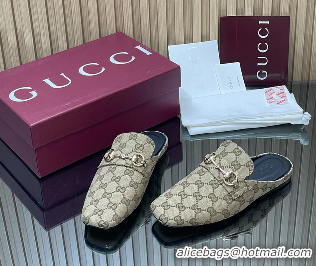 Good Quality Gucci Ragazzo Horsebit Flat Mules Beige GG Canvas 260503 Canvas Beige