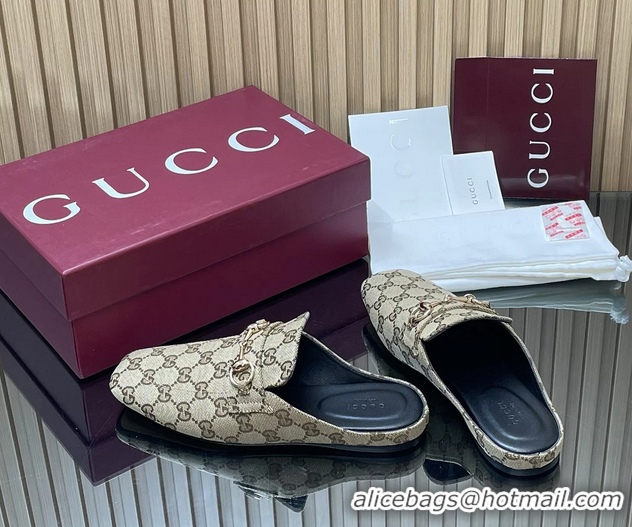 Good Quality Gucci Ragazzo Horsebit Flat Mules Beige GG Canvas 260503 Canvas Beige