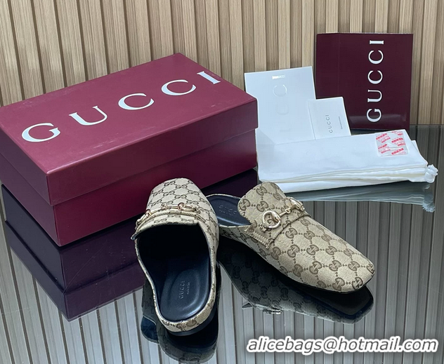 Good Quality Gucci Ragazzo Horsebit Flat Mules Beige GG Canvas 260503 Canvas Beige