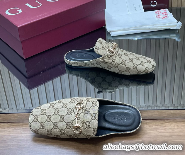 Good Quality Gucci Ragazzo Horsebit Flat Mules Beige GG Canvas 260503 Canvas Beige