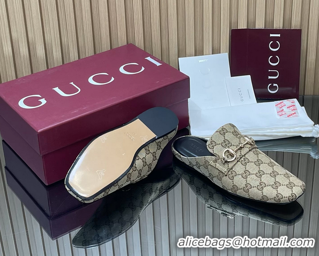 Good Quality Gucci Ragazzo Horsebit Flat Mules Beige GG Canvas 260503 Canvas Beige