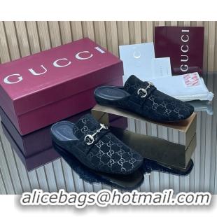 Most Popular Gucci Ragazzo Horsebit Flat Mules Black GG Suede Leather 260503 Suede Black