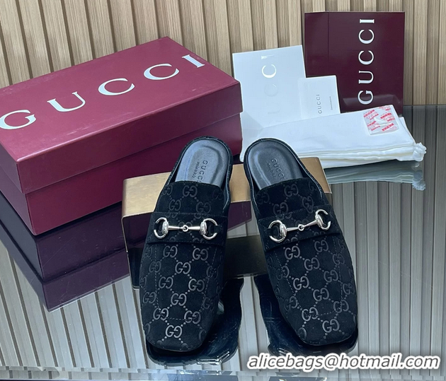 Most Popular Gucci Ragazzo Horsebit Flat Mules Black GG Suede Leather 260503 Suede Black