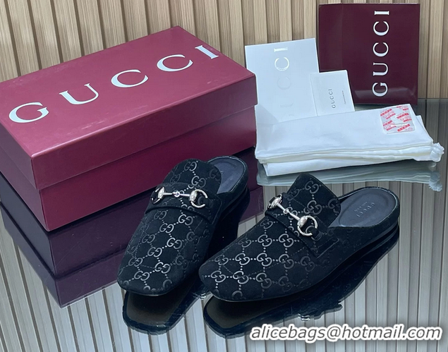 Most Popular Gucci Ragazzo Horsebit Flat Mules Black GG Suede Leather 260503 Suede Black