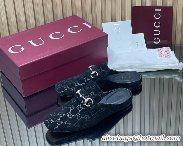 Most Popular Gucci Ragazzo Horsebit Flat Mules Black GG Suede Leather 260503 Suede Black