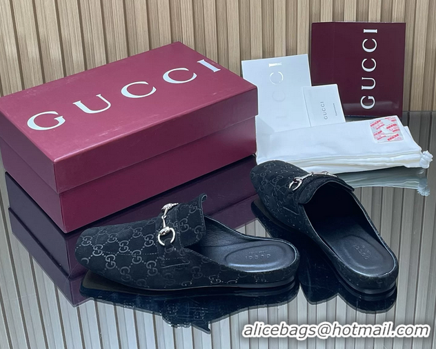 Most Popular Gucci Ragazzo Horsebit Flat Mules Black GG Suede Leather 260503 Suede Black