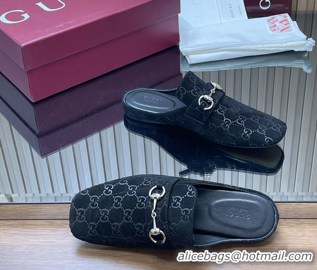 Most Popular Gucci Ragazzo Horsebit Flat Mules Black GG Suede Leather 260503 Suede Black