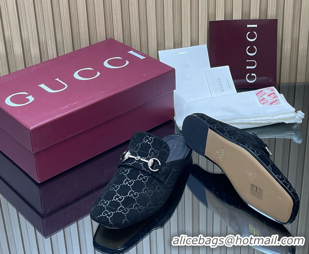 Most Popular Gucci Ragazzo Horsebit Flat Mules Black GG Suede Leather 260503 Suede Black