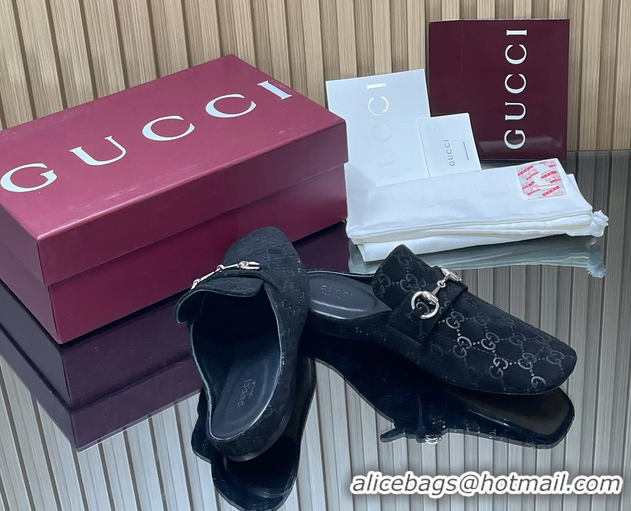 Most Popular Gucci Ragazzo Horsebit Flat Mules Black GG Suede Leather 260503 Suede Black