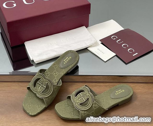 Sophisticated Gucci Interlocking G GG Canvas Flat Slides Sandals Green 260504