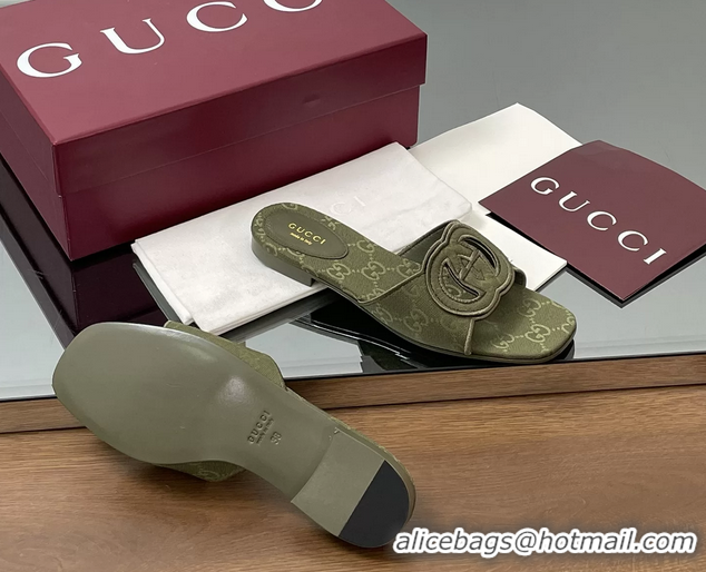 Sophisticated Gucci Interlocking G GG Canvas Flat Slides Sandals Green 260504