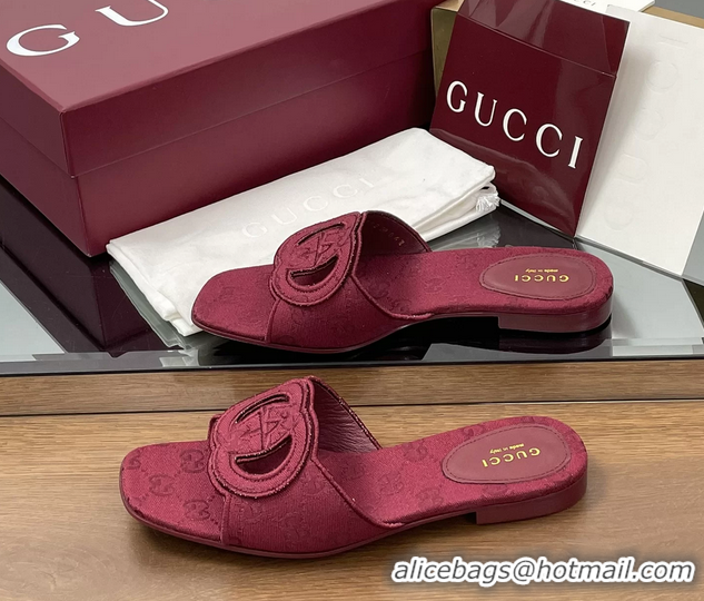 Buy Luxury Gucci Interlocking G GG Canvas Flat Slides Sandals Burgundy 260504