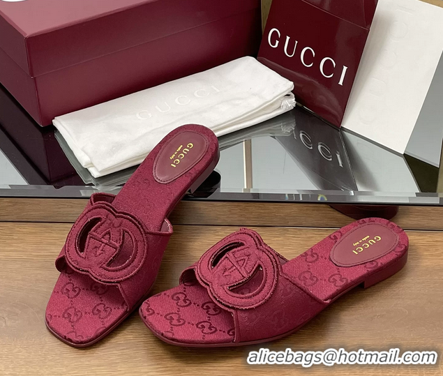 Buy Luxury Gucci Interlocking G GG Canvas Flat Slides Sandals Burgundy 260504