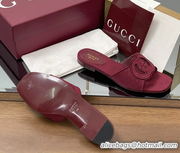 Buy Luxury Gucci Interlocking G GG Canvas Flat Slides Sandals Burgundy 260504