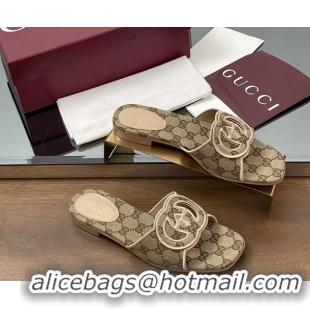 Shop Cheap Gucci Interlocking G GG Canvas Flat Slides Sandals Beige 260504