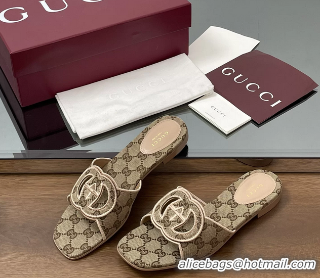 Shop Cheap Gucci Interlocking G GG Canvas Flat Slides Sandals Beige 260504