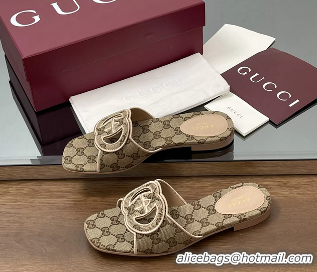 Shop Cheap Gucci Interlocking G GG Canvas Flat Slides Sandals Beige 260504