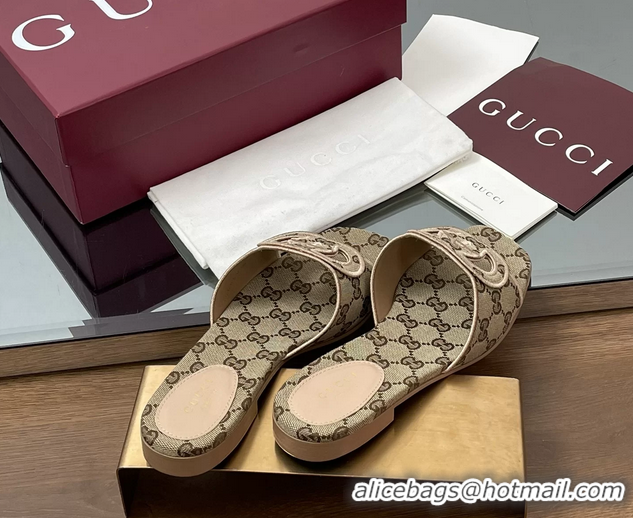 Shop Cheap Gucci Interlocking G GG Canvas Flat Slides Sandals Beige 260504