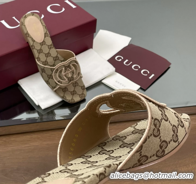 Shop Cheap Gucci Interlocking G GG Canvas Flat Slides Sandals Beige 260504