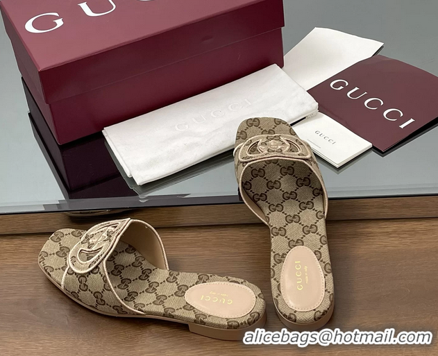 Shop Cheap Gucci Interlocking G GG Canvas Flat Slides Sandals Beige 260504