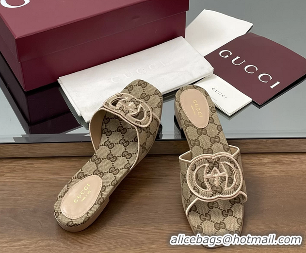 Shop Cheap Gucci Interlocking G GG Canvas Flat Slides Sandals Beige 260504