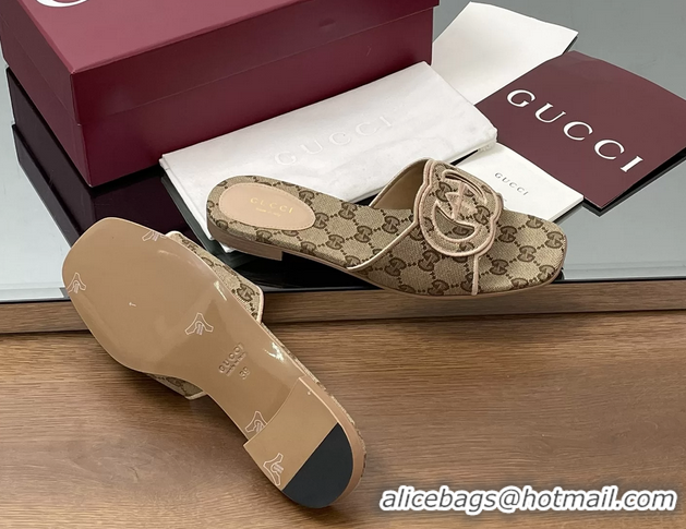 Shop Cheap Gucci Interlocking G GG Canvas Flat Slides Sandals Beige 260504
