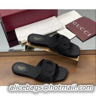 Best Grade Gucci Interlocking G GG Canvas Flat Slides Sandals 260504 Black