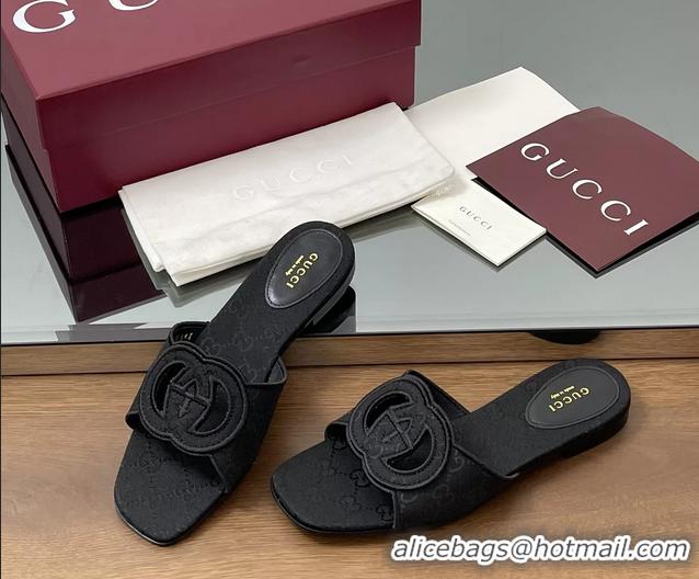 Best Grade Gucci Interlocking G GG Canvas Flat Slides Sandals 260504 Black