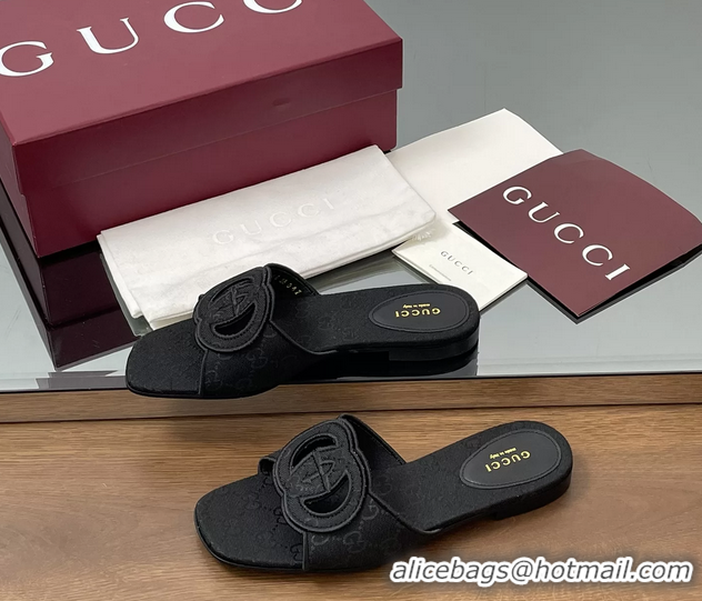 Best Grade Gucci Interlocking G GG Canvas Flat Slides Sandals 260504 Black