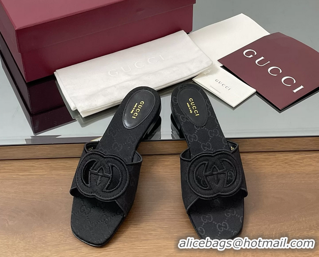 Best Grade Gucci Interlocking G GG Canvas Flat Slides Sandals 260504 Black