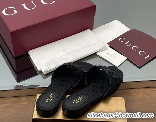 Best Grade Gucci Interlocking G GG Canvas Flat Slides Sandals 260504 Black