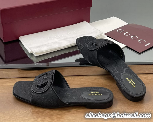 Best Grade Gucci Interlocking G GG Canvas Flat Slides Sandals 260504 Black
