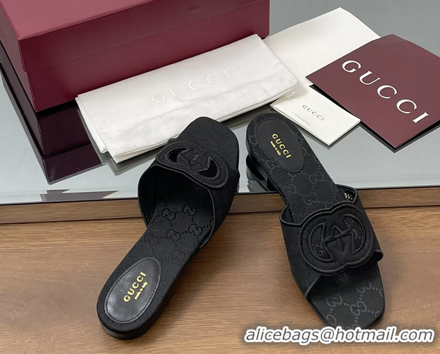 Best Grade Gucci Interlocking G GG Canvas Flat Slides Sandals 260504 Black