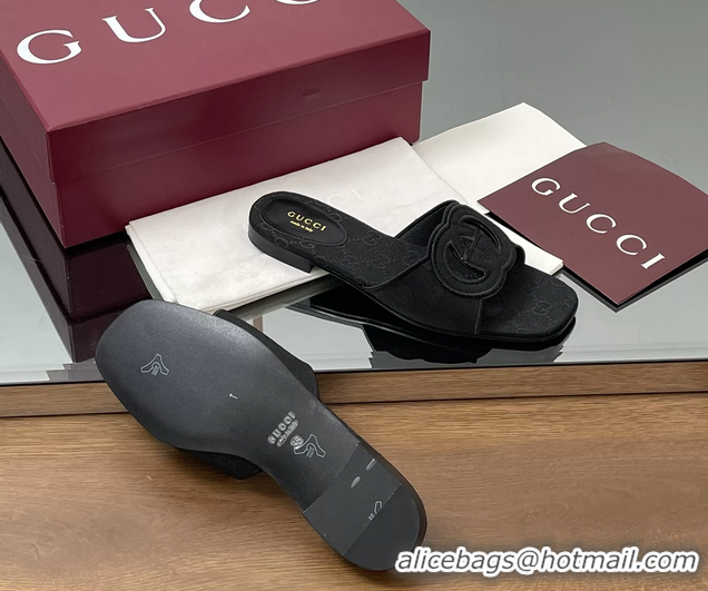 Best Grade Gucci Interlocking G GG Canvas Flat Slides Sandals 260504 Black