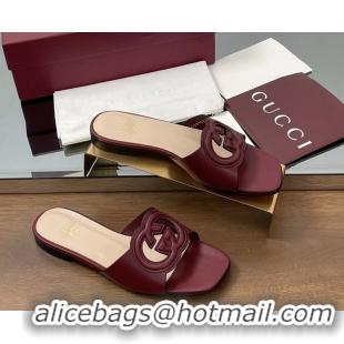 Best Grade Gucci Interlocking G Flat Slides Sandals  Calfskin Leather 260504 Red
