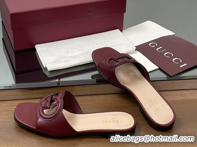 Best Grade Gucci Interlocking G Flat Slides Sandals  Calfskin Leather 260504 Red