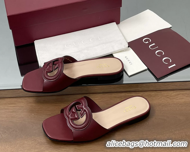 Best Grade Gucci Interlocking G Flat Slides Sandals  Calfskin Leather 260504 Red