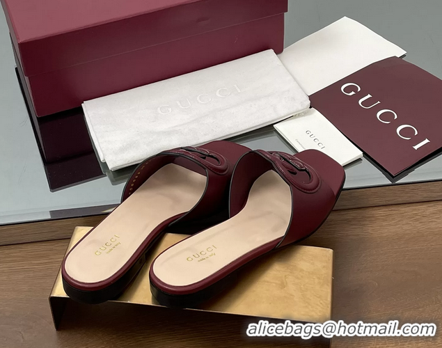 Best Grade Gucci Interlocking G Flat Slides Sandals  Calfskin Leather 260504 Red