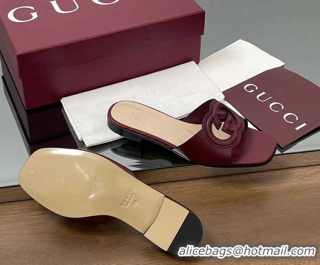 Best Grade Gucci Interlocking G Flat Slides Sandals  Calfskin Leather 260504 Red
