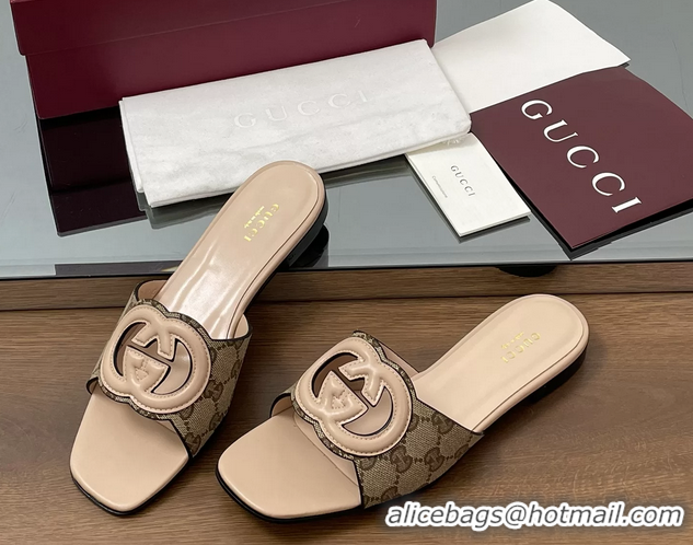 1:1 aaaaa Gucci Interlocking G Flat Slides Sandals GG Canvas and Pink Calfskin Leather 260504 Pink