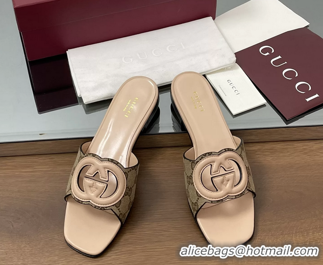 1:1 aaaaa Gucci Interlocking G Flat Slides Sandals GG Canvas and Pink Calfskin Leather 260504 Pink