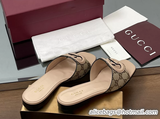 1:1 aaaaa Gucci Interlocking G Flat Slides Sandals GG Canvas and Pink Calfskin Leather 260504 Pink