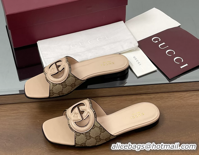 1:1 aaaaa Gucci Interlocking G Flat Slides Sandals GG Canvas and Pink Calfskin Leather 260504 Pink