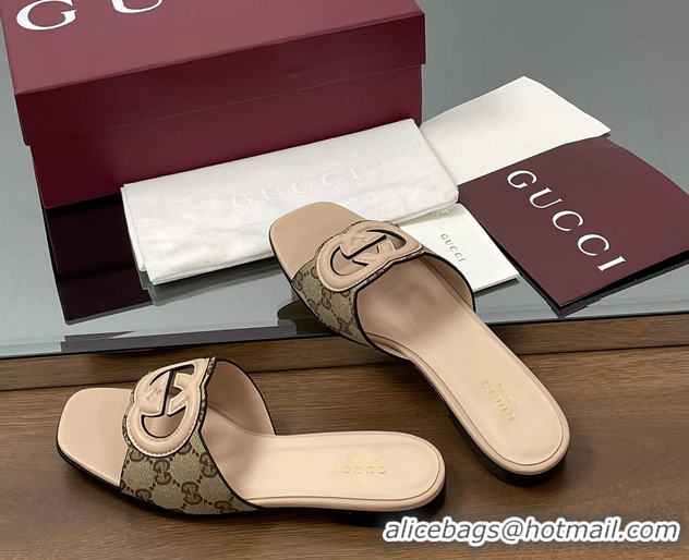 1:1 aaaaa Gucci Interlocking G Flat Slides Sandals GG Canvas and Pink Calfskin Leather 260504 Pink