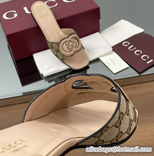 1:1 aaaaa Gucci Interlocking G Flat Slides Sandals GG Canvas and Pink Calfskin Leather 260504 Pink