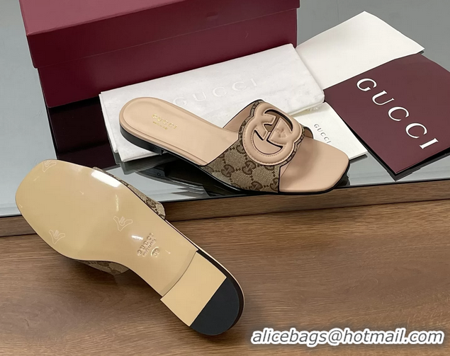 1:1 aaaaa Gucci Interlocking G Flat Slides Sandals GG Canvas and Pink Calfskin Leather 260504 Pink