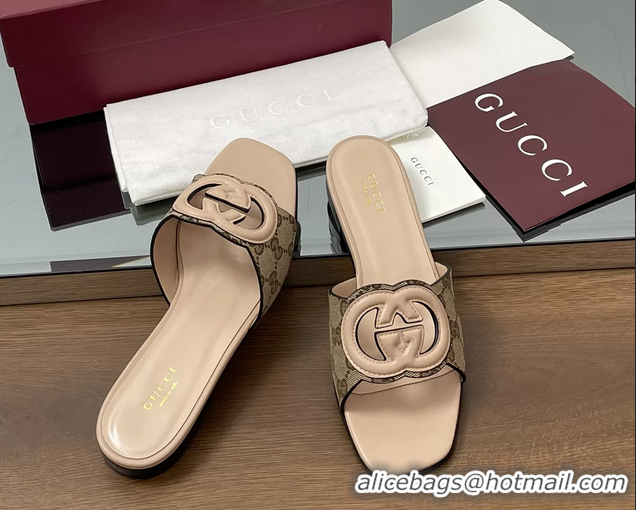 1:1 aaaaa Gucci Interlocking G Flat Slides Sandals GG Canvas and Pink Calfskin Leather 260504 Pink